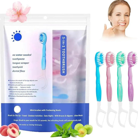5 in 1 Bursting Bead Toothbrush Disposable Toothbrush with Toothpaste Tongue Scraper Flosses Kit refreshing Mint Bead Travel Peaceful Pleasures Health and Wellness