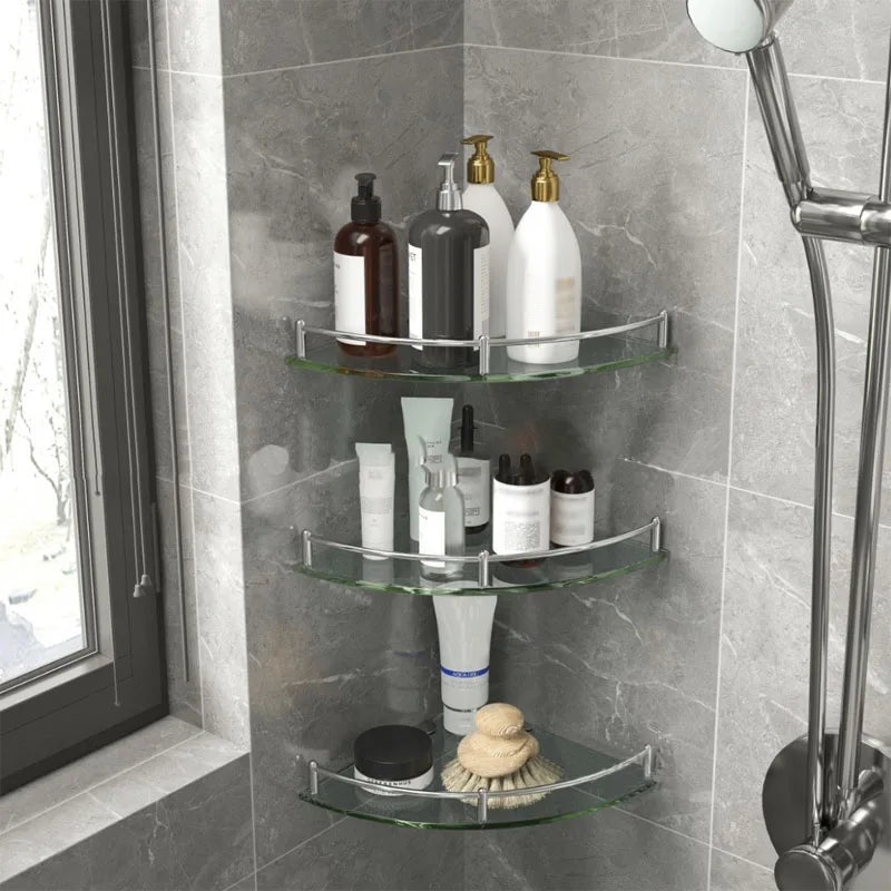 Glass Corner Shower Shelf – Tempered Glass & Stainless Steel