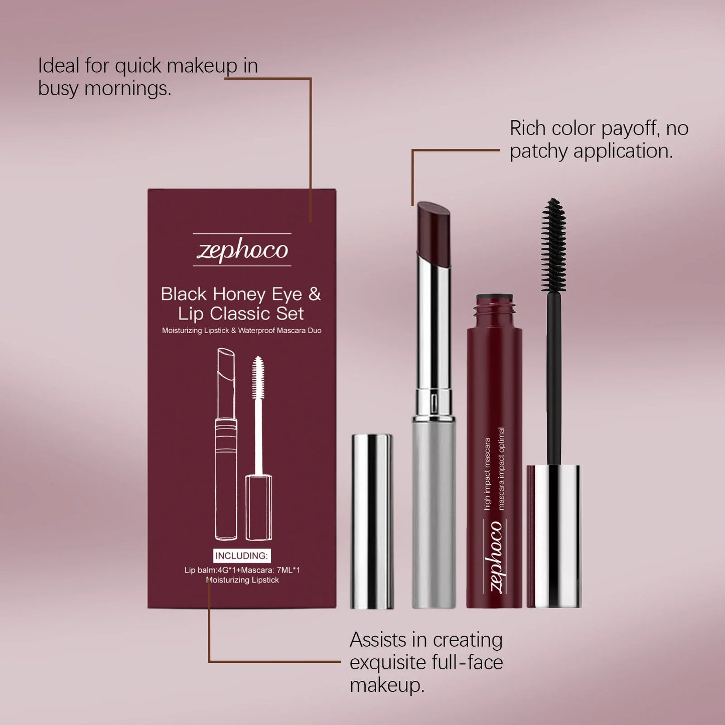 Black Honey Iconic Eye Lip Makeup Set Black Volumizing Lengthening Curling Mascara Plumping Gloss Lipstick Waterproof Makeup Set Peaceful Pleasures Health and Wellness
