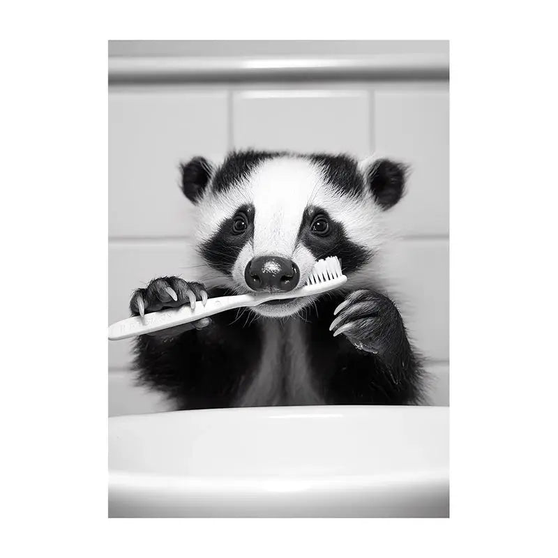 Funny Bathroom Animal Canvas Wall Art | Vintage Brushing Teeth