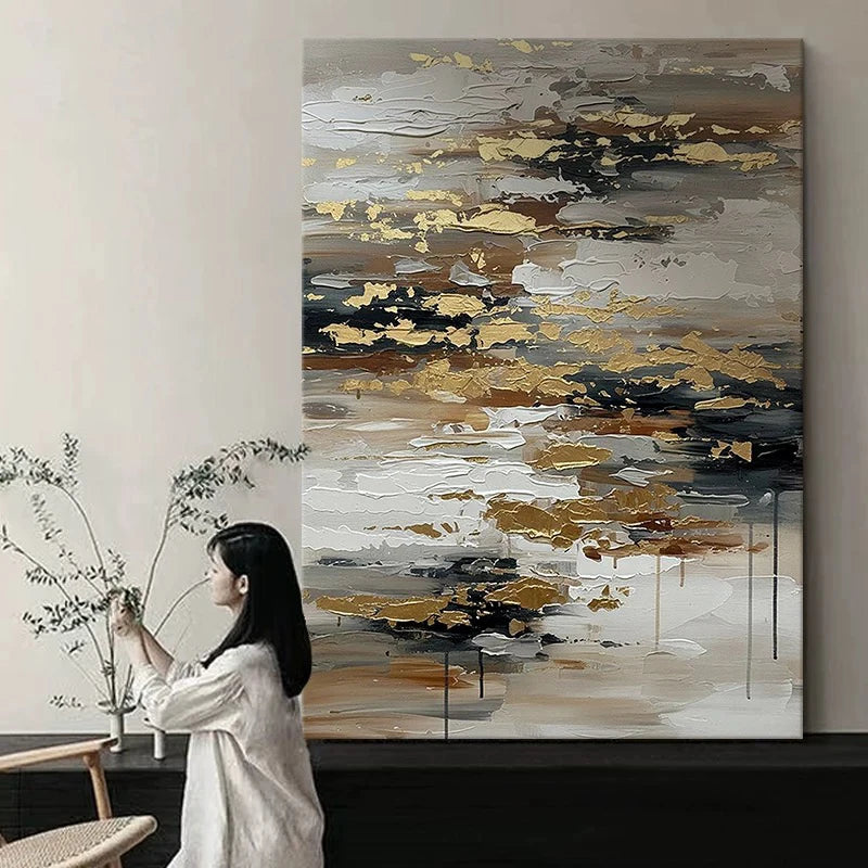 Modern Wall Art Home Decoration Gold Foil Mural Pure Hand Drawn Abstract Oil Painting Living Room Bedroom Porch Hanging Poster Peaceful Pleasures Health and Wellness