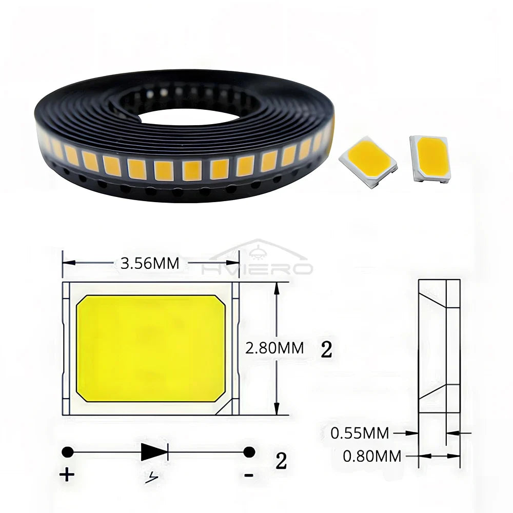 100Pcs 2835 SMD LED Chips 0.2W Ultra Bright White DIY LEDs