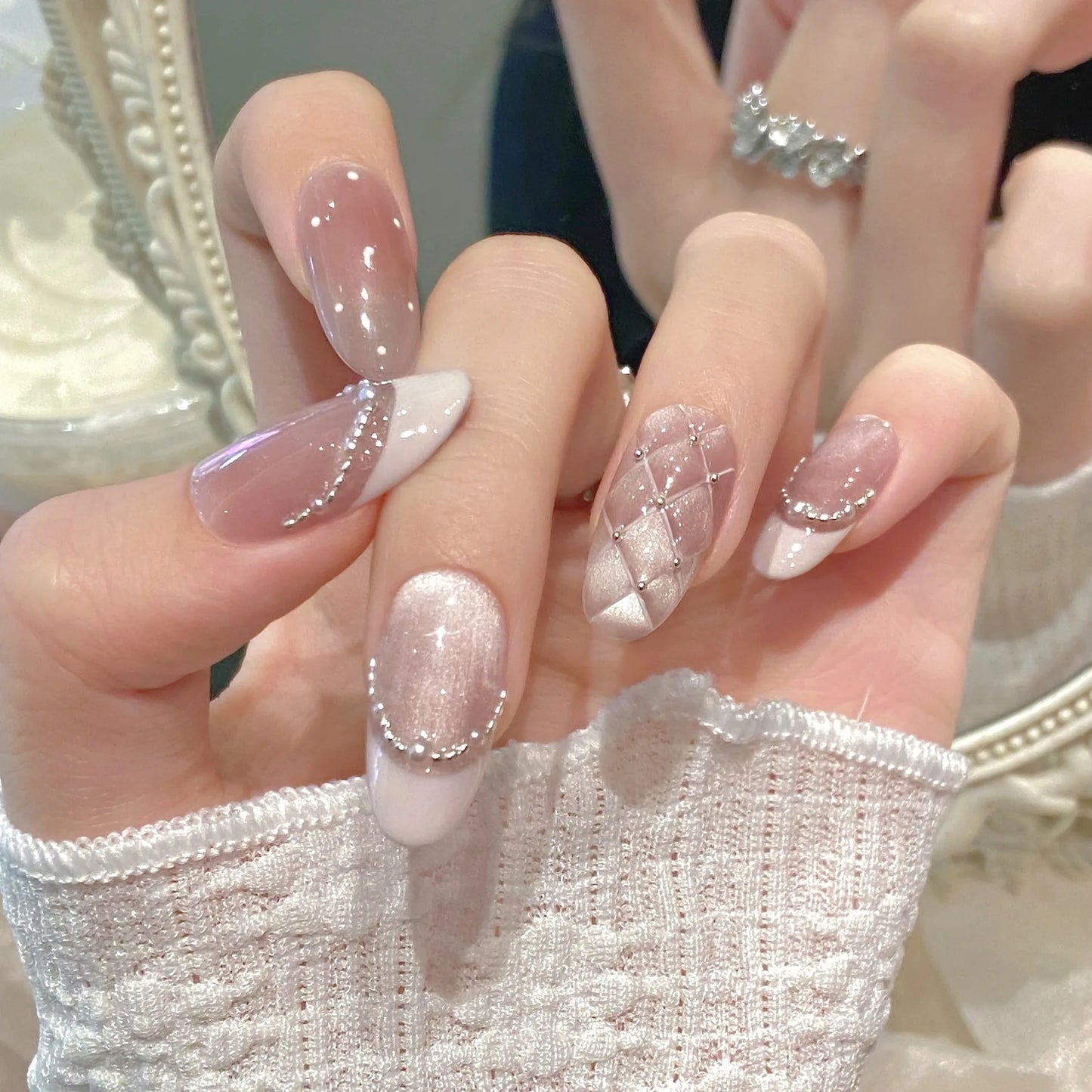 Handmade Sweet Diamond Grid Decor Press on Nails French Shiny Pink Cat Eye Fake Nails Wearable Reusable Korean Bride False Nails Peaceful Pleasures Health and Wellness M