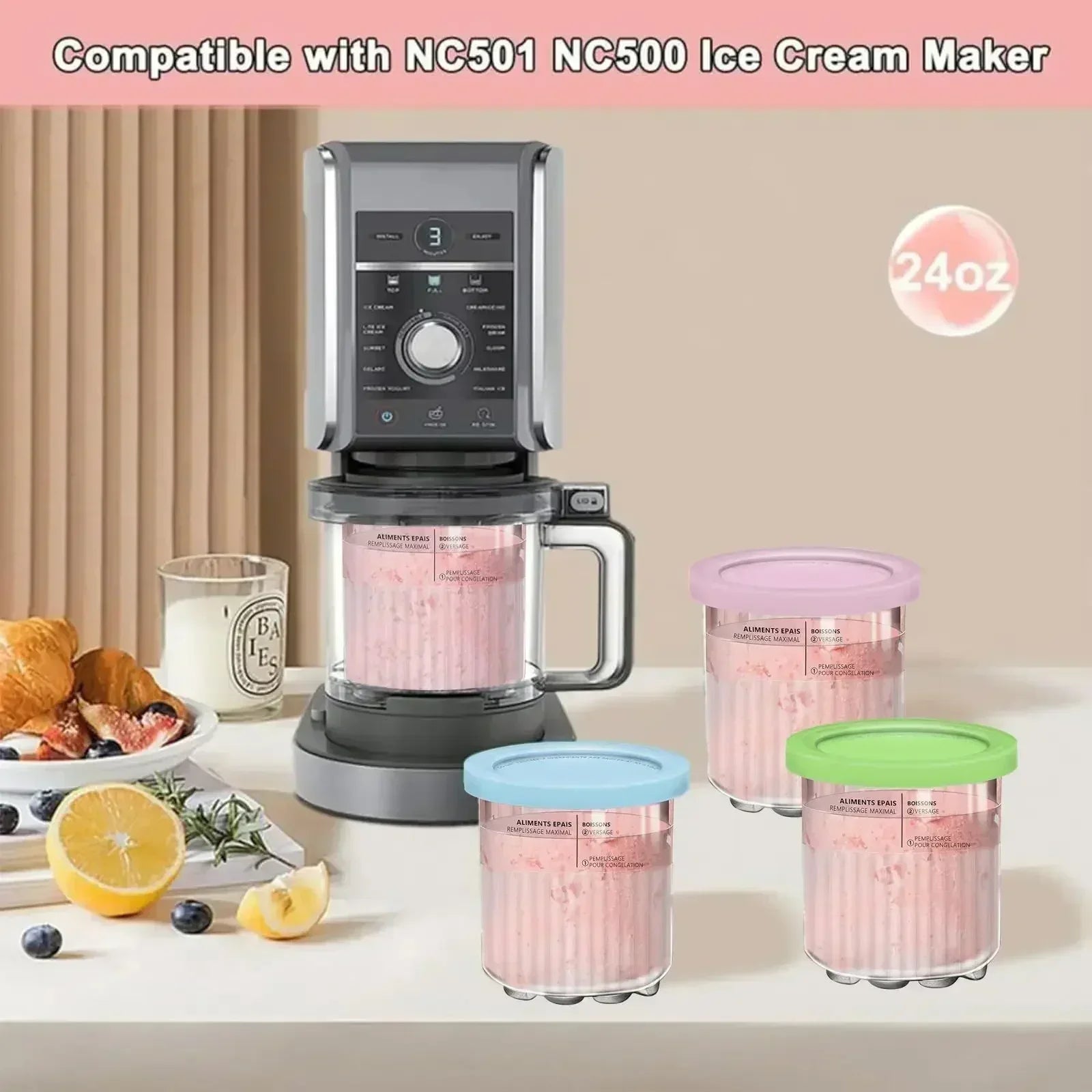 4Piece sets Creative Ice Cream PC Cup Creami Ice Cream Storage Containers With Lids and Scoop Apply to Ninja Creami NC500 NC501 Peaceful Pleasures Health and Wellness