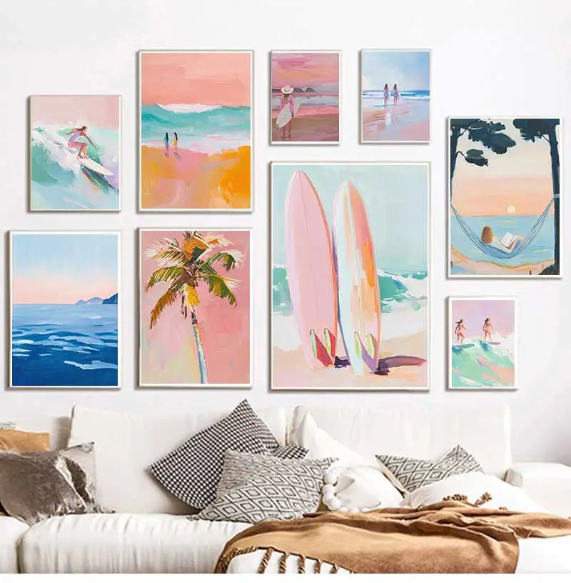 Beach Surfing Canvas Wall Art | Summer Seaside Poster Print Canvas Wall Art Peaceful Pleasures Health and Wellness