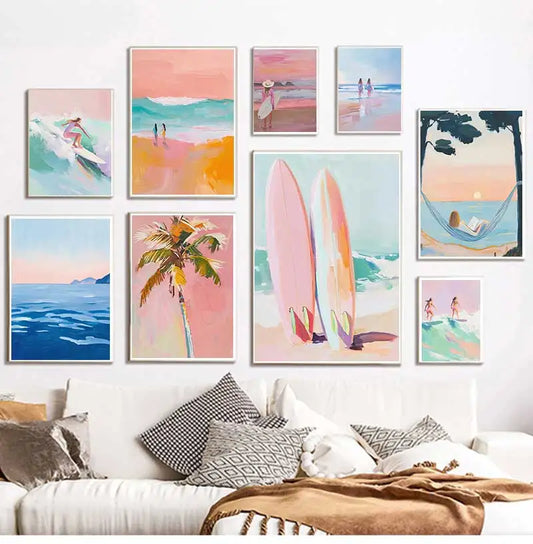 Beach Surfing Canvas Wall Art | Summer Seaside Poster Print Canvas Wall Art Peaceful Pleasures Health and Wellness