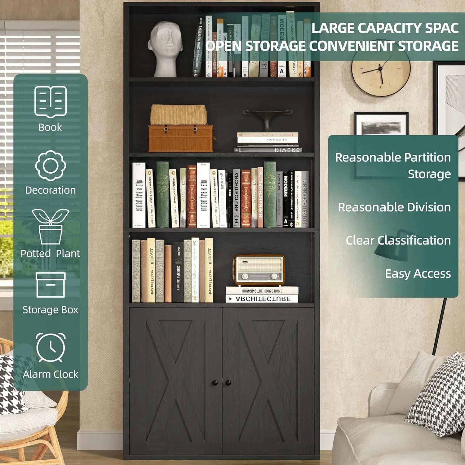 Black bookshelf with books, decor items, and a clock in a living room setting.