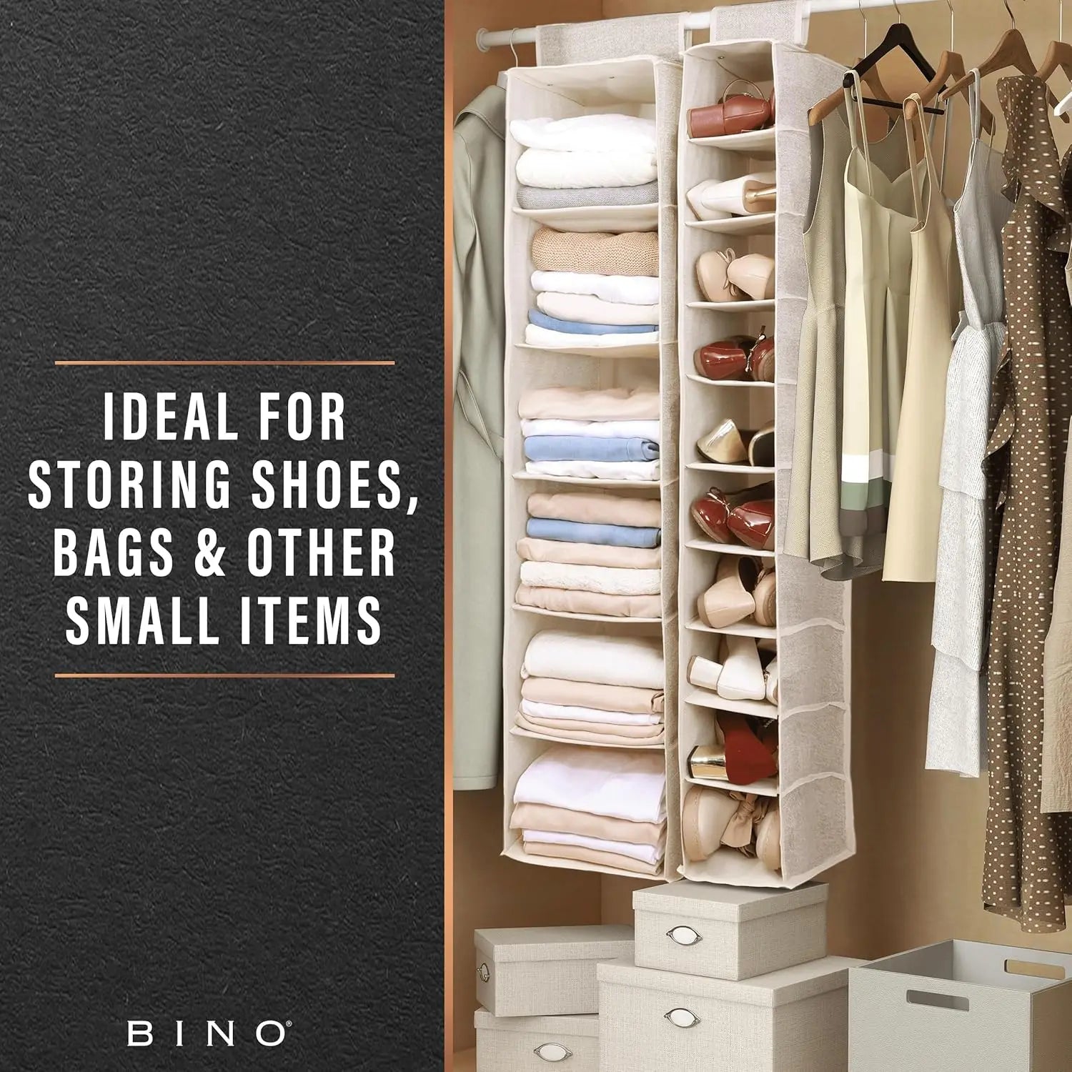 Clothing organizer with shelves and hanging space in a closet, labeled 'BINO'.