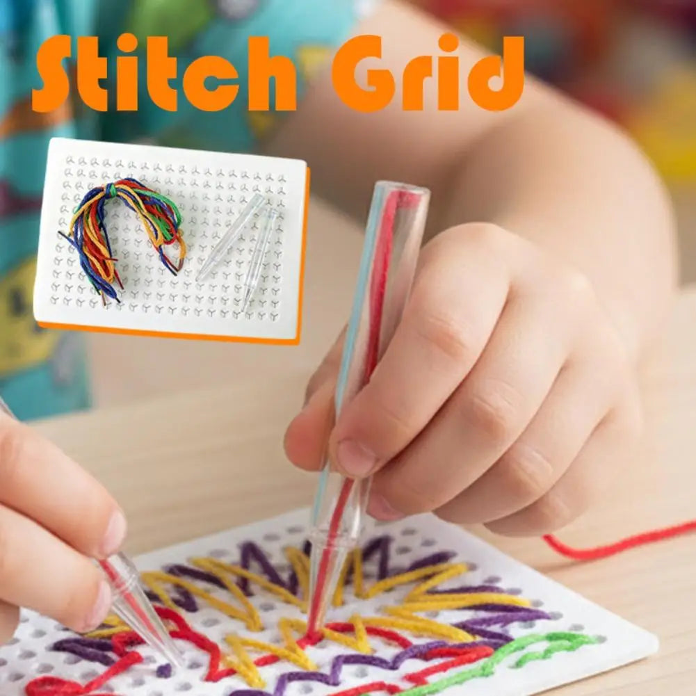 Handmade Kids DIY Threading Board Toy Colorful Grid Puzzle Rope