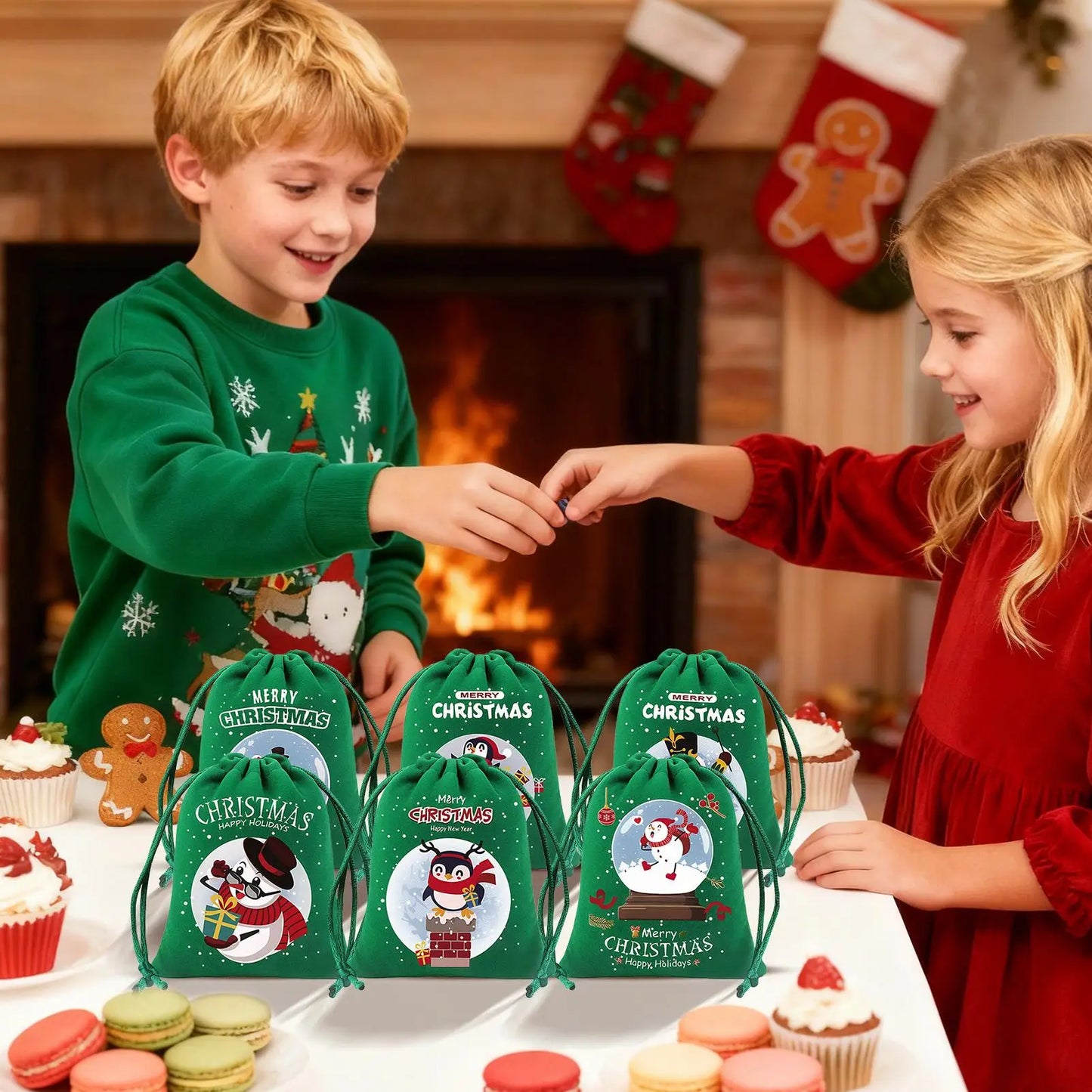 Christmas Drawstring Gift Bags – 6-Piece Reusable Flannel Pouches