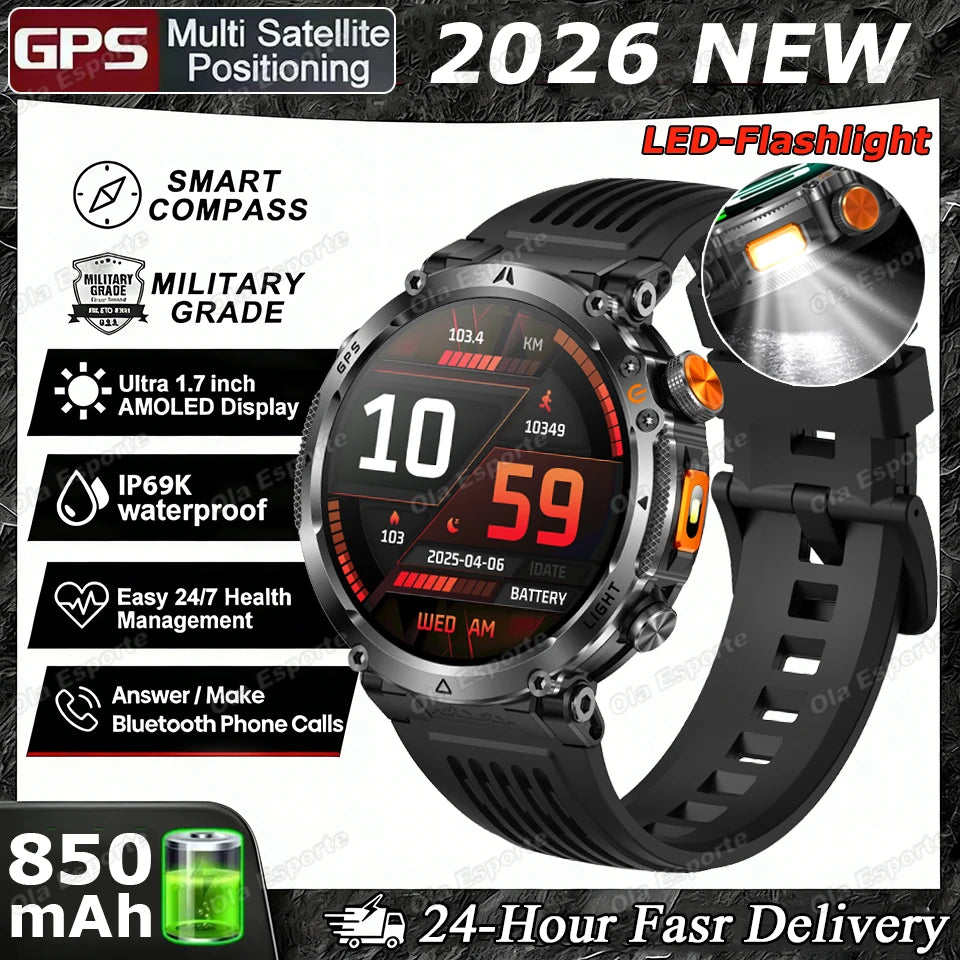 New Military GPS Sports Smart Watch Men Compass 3ATM Waterproof Swim Fitness Tracker AMOLED HD SmartWatches 850Mah Battery HW12 Peaceful Pleasures Health and Wellness Black