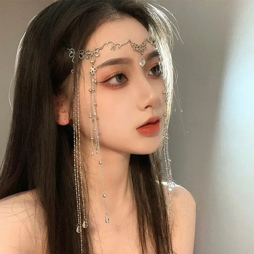 Crystal Tassel Head Chain – Gold Forehead Pendant for Women