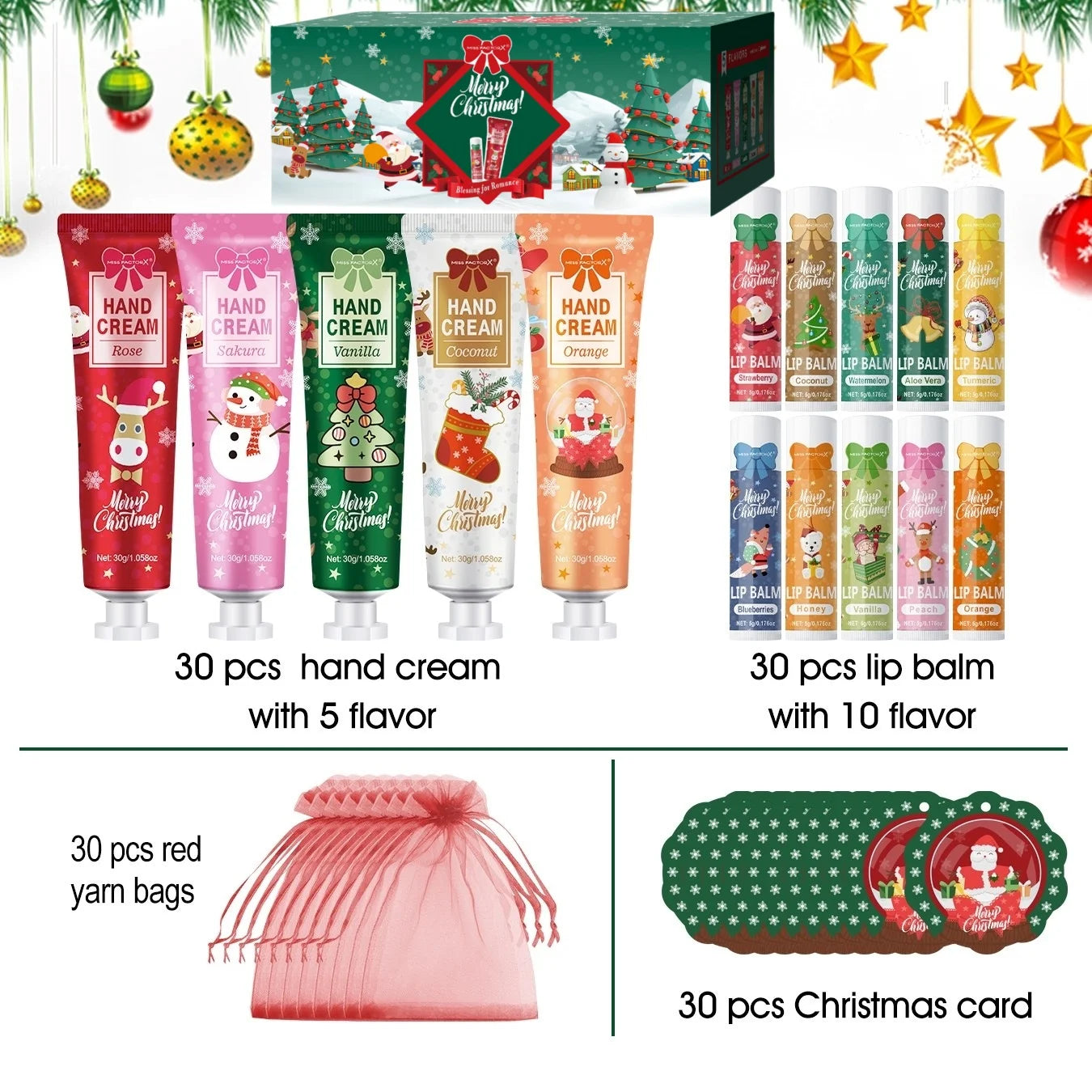 Christmas gift set distribution 120PCS/box in bulk, lip balm in bulk, hand cream in bulk, Christmas cards, gift gauze bags Peaceful Pleasures Health and Wellness Christmas gift set