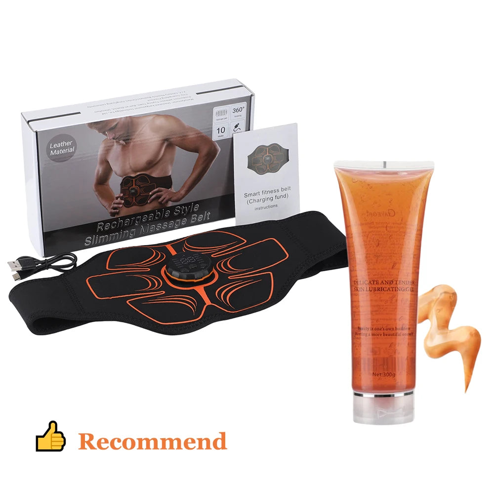 EMS Abdominal Belt 10 Modes 30 Levels Rechargeable Ab Stimulator Muscle Toner Portable Waist Trainer for Men Women Home Office Peaceful Pleasures Health and Wellness with gel