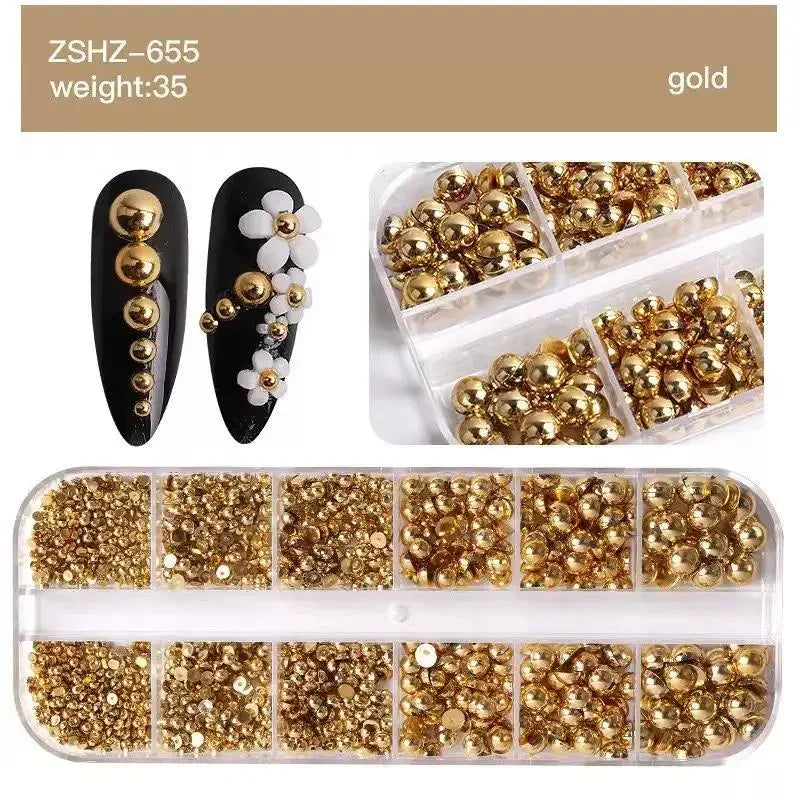 12Grids Mixed Semi-circular Pearl Gold And Silver Nail Charms Nail Decor Manicure Nail Salon Accessories Peaceful Pleasures Health and Wellness