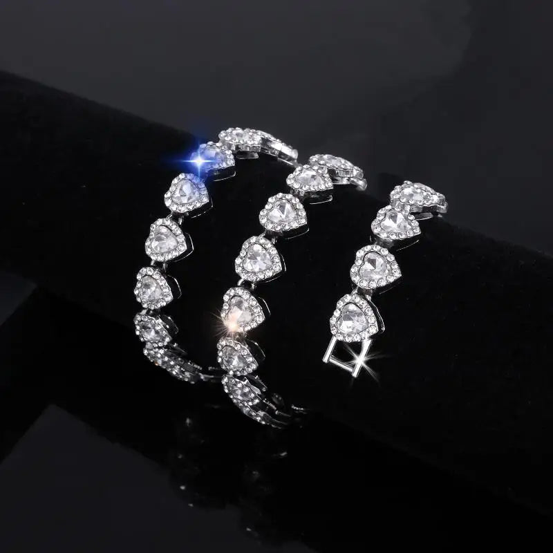 Hip Hop Tennis Chain Necklace – CZ Rhinestone Heart, 45cm