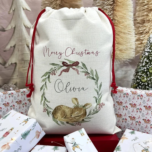 Personalised Baby 1st Christmas 2025 Woodland Deer Santa Sack Personalised Christmas Sack Peaceful Pleasures Health and Wellness