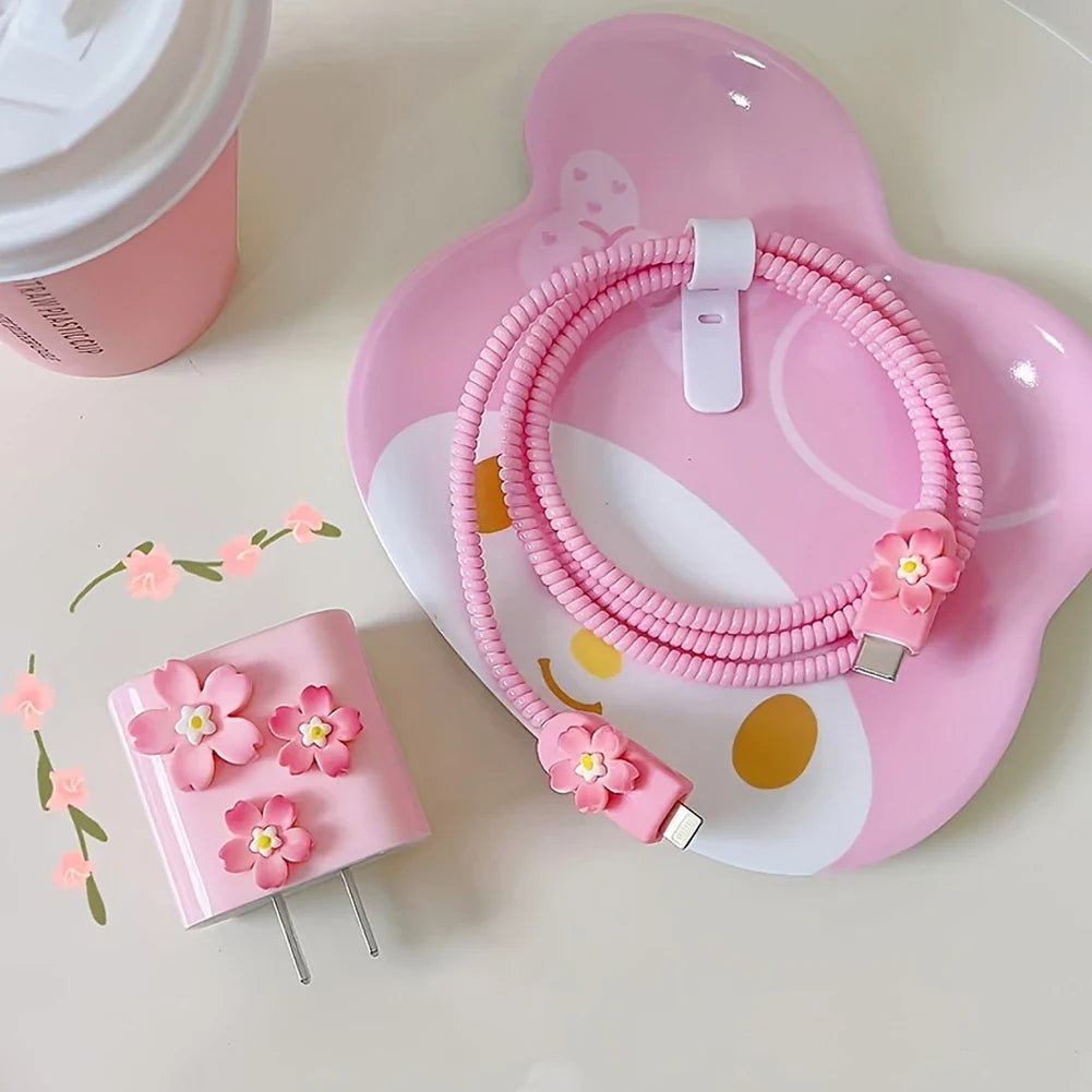 3D Pink Flower Cable Protector Sleeve for iPhone – 4 Pcs