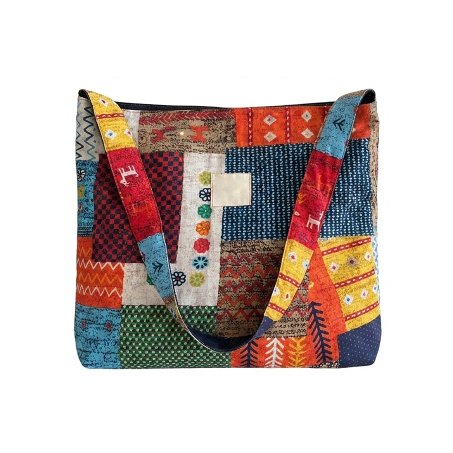 Double-Sided Bohemian Denim Canvas Tote Bag Vintage Contrast Color Commuter Handbag For Women Peaceful Pleasures Health and Wellness A