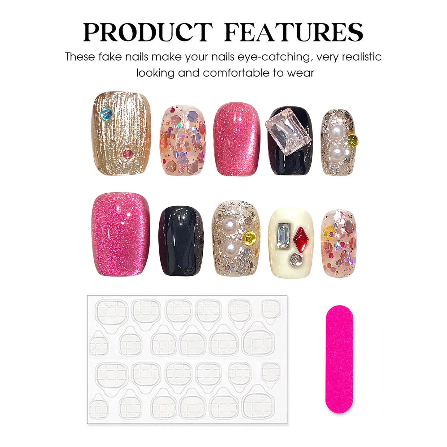 Handmade Press on Nails Glitter Pink Sequins Cat Eyes Glossy Fake Nails Full Cover Short Square Shiny Crystal Design False Nails Peaceful Pleasures Health and Wellness