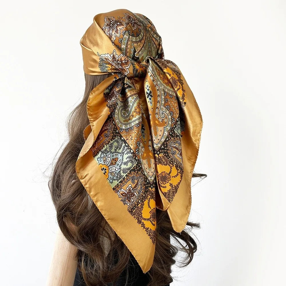 90x90cm Satin Square Scarf – Bohemian Floral Hair Wrap & Shawl