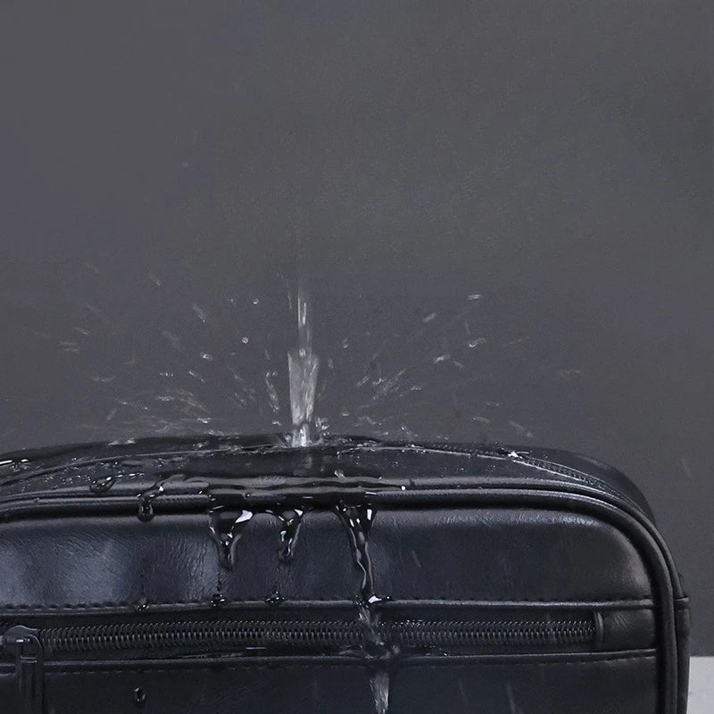 Large Capacity Men Leather Travel Wash Bag Business Trips Portable Cosmetic Bag Multi Pocket Design Handheld Leather Wash Bag Peaceful Pleasures Health and Wellness