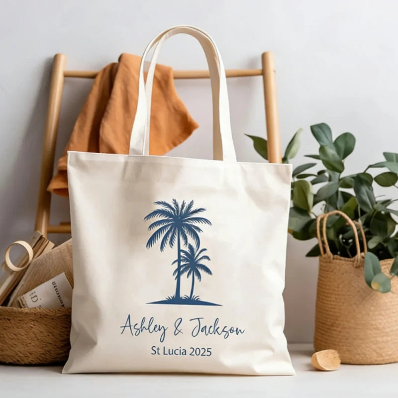 Personalized Palm Tree Canvas Tote Bag | Bachelorette Beach Gift