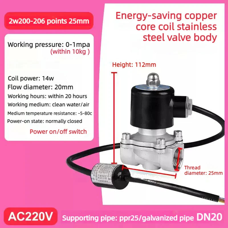 Electric Solenoid Valve DN15/20/25 – 304 SS, NC, AC220V/DC24V