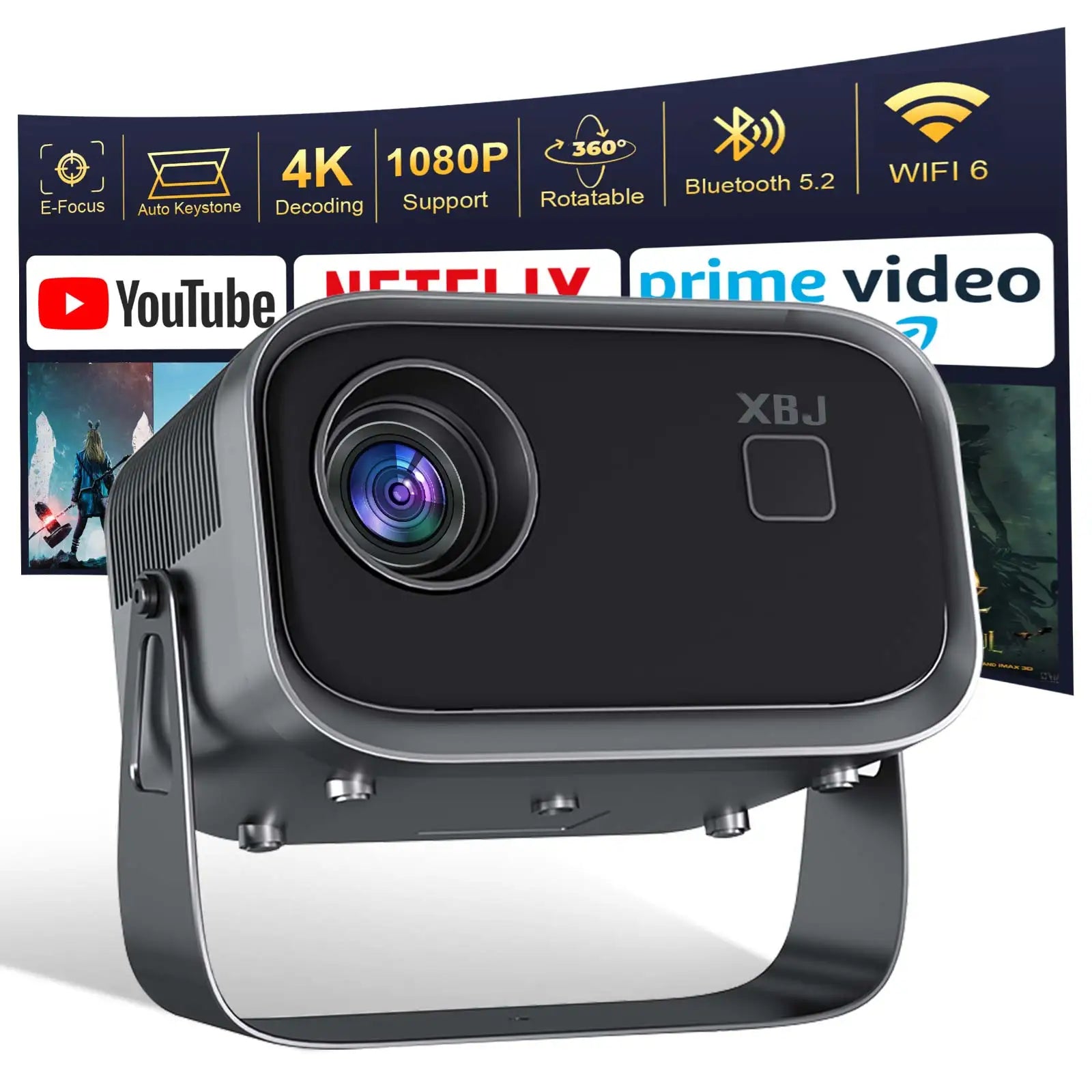 Mini 4K Projector Wall Projector, Portable Outdoor Movie Projector with Built-in Wi-Fi, Speaker & Digital Keystone, HDMI/BT, Peaceful Pleasures Health and Wellness Dark Gray EU Plug