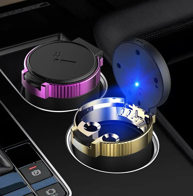 LED Car & Home Ashtray with Lid – Blue Glow, ABS & Metal