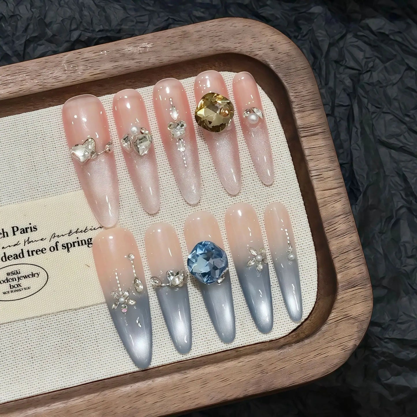 10pc Handmade Long Oval Press On Nails | 3D Cat Eye Crystal