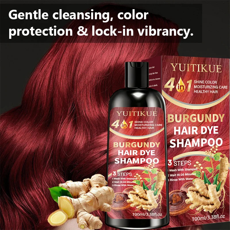 YUITIKUE 4 IN 1 Burgundy Hair Dye Shampoo Natural Ginger Herbal Long Lasting Moisturizing Hair Color Shampoo 100ml Peaceful Pleasures Health and Wellness