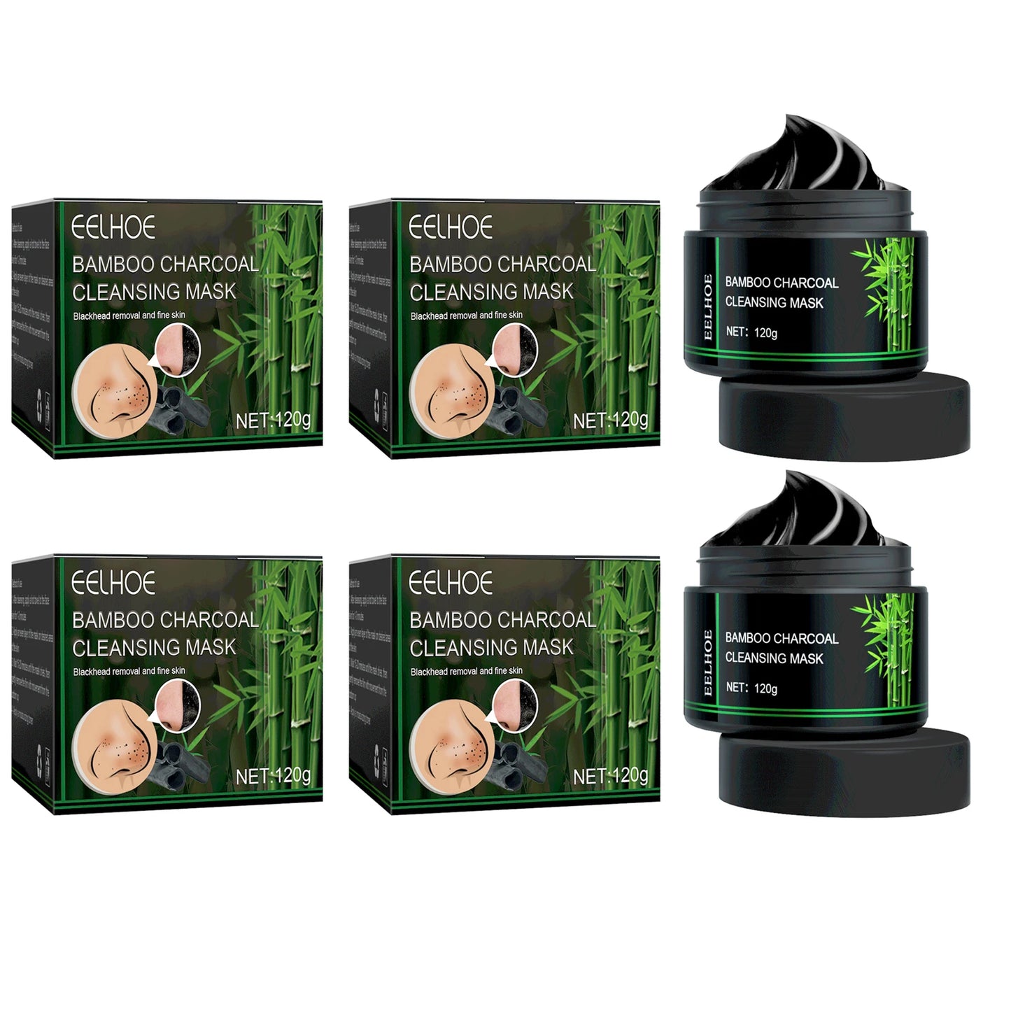 EELHOE Bamboo Charcoal Tear-Off Mask Deeply Remove Blackheads Cleaning Shrinking Pores Moisturizing Carbon Black Mud Facial Mask Peaceful Pleasures Health and Wellness 4 x 120g Boxed