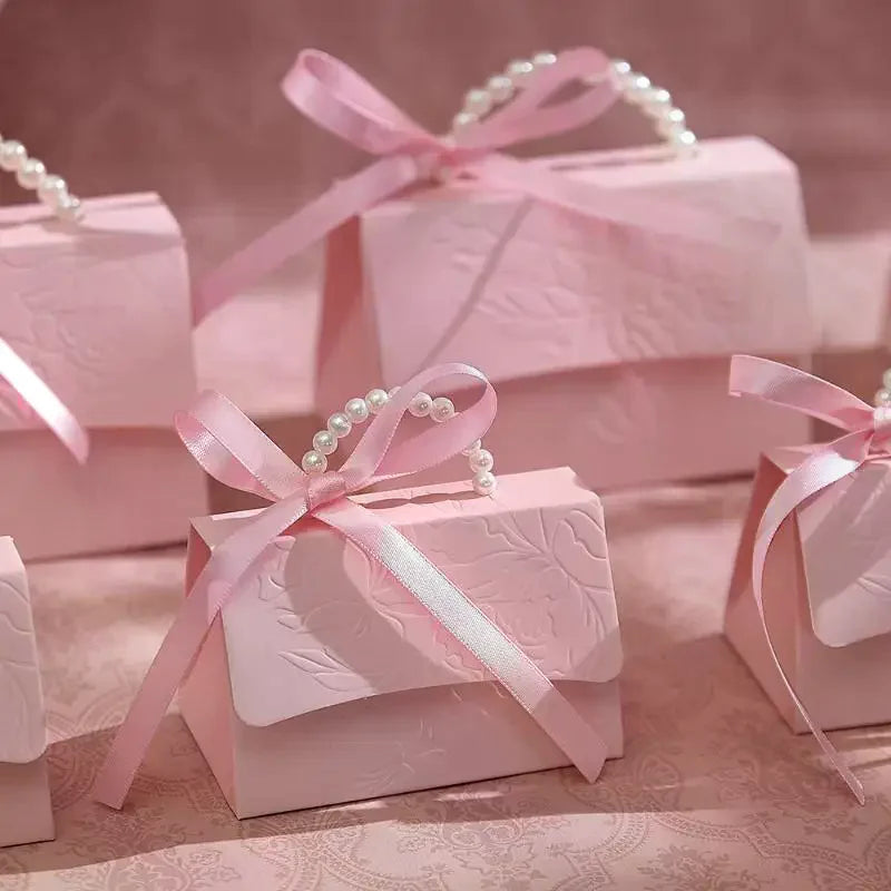 10-Pack Pink Pearl Ribbon Gift Boxes | Wedding Candy Favor