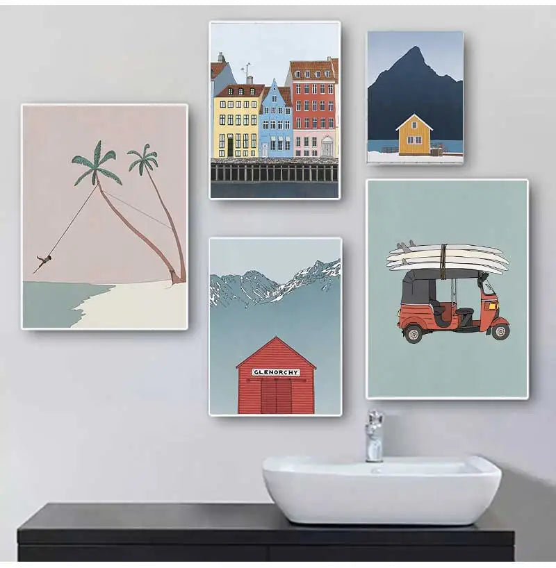 Minimalist Landscape Canvas Wall Art | Bicycle Surf Lake House