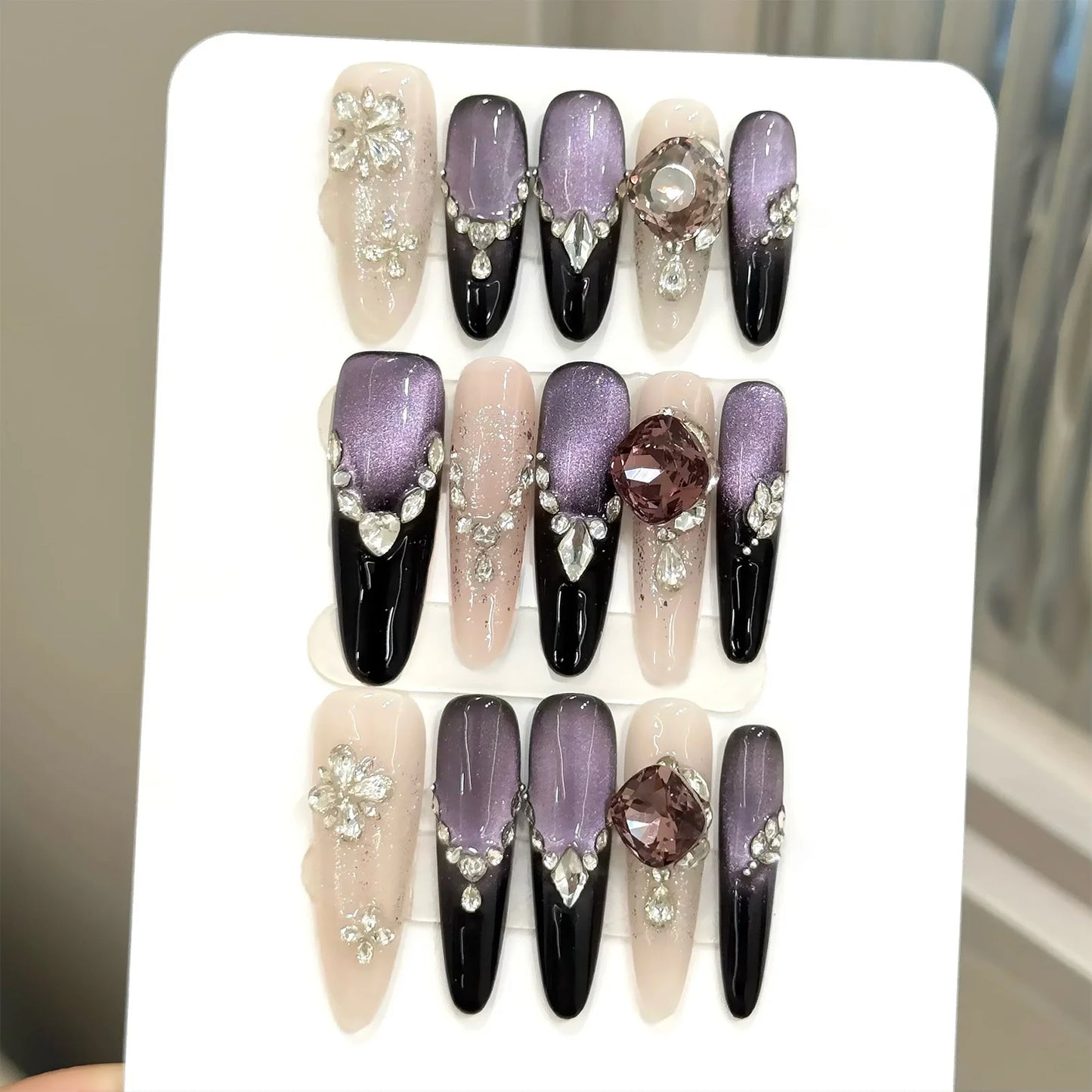 10pcs Handmade Press on Nails Light Luxury Flash Purple Cat's Eye Fake Nails Wearable Shiny Diamond Decor False Nails Almond Tip Peaceful Pleasures Health and Wellness