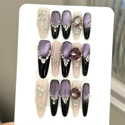 10pcs Handmade Press on Nails Light Luxury Flash Purple Cat's Eye Fake Nails Wearable Shiny Diamond Decor False Nails Almond Tip Peaceful Pleasures Health and Wellness