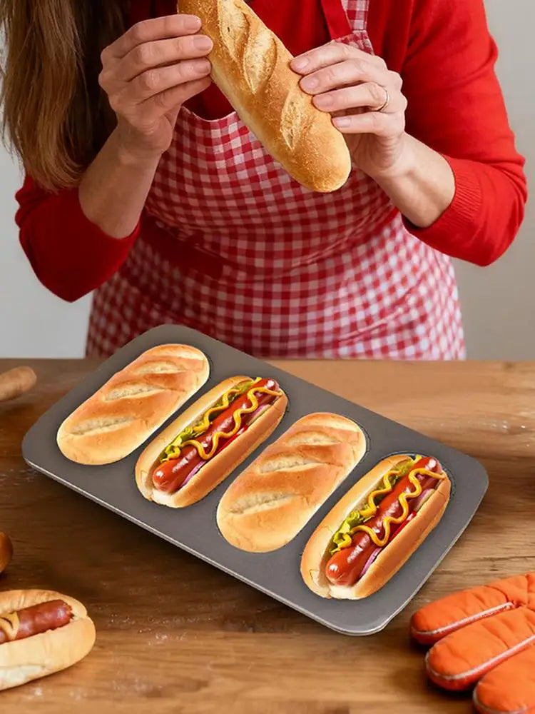 4-Cavity Carbon Steel Non-Stick Hot Dog Bun Baking Pan Bun Baking Pan Peaceful Pleasures Health and Wellness CN