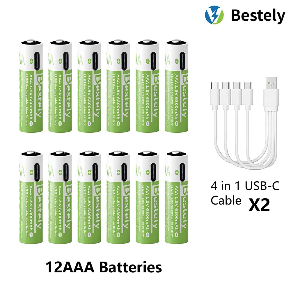 AAA Battery Rechargeable 2000+ Cycles 1.5V 6800mAh Li-ion Type-C Charging Triple Safety Long-Lasting Power Batteries Peaceful Pleasures Health and Wellness 12 pcs AAA Batteries