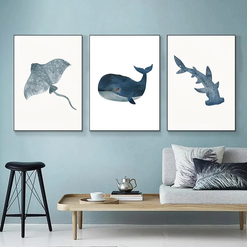 Ocean Animal Shark Turtle Dolphin Whale Fish Poster Watercolor Canvas Painting Print for Wall Living Room Nursery Home Decor Peaceful Pleasures Health and Wellness