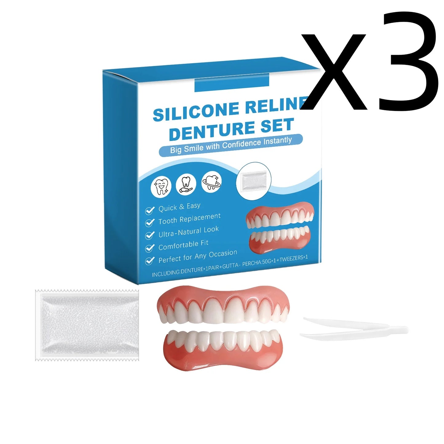 Silicone Reline Denture Set Perfect Fit Oral Repair Missing Broken Tooth High Durable Natural Appearance Portable Fake Teeth Kit Peaceful Pleasures Health and Wellness 1set Boxed X 3PCS