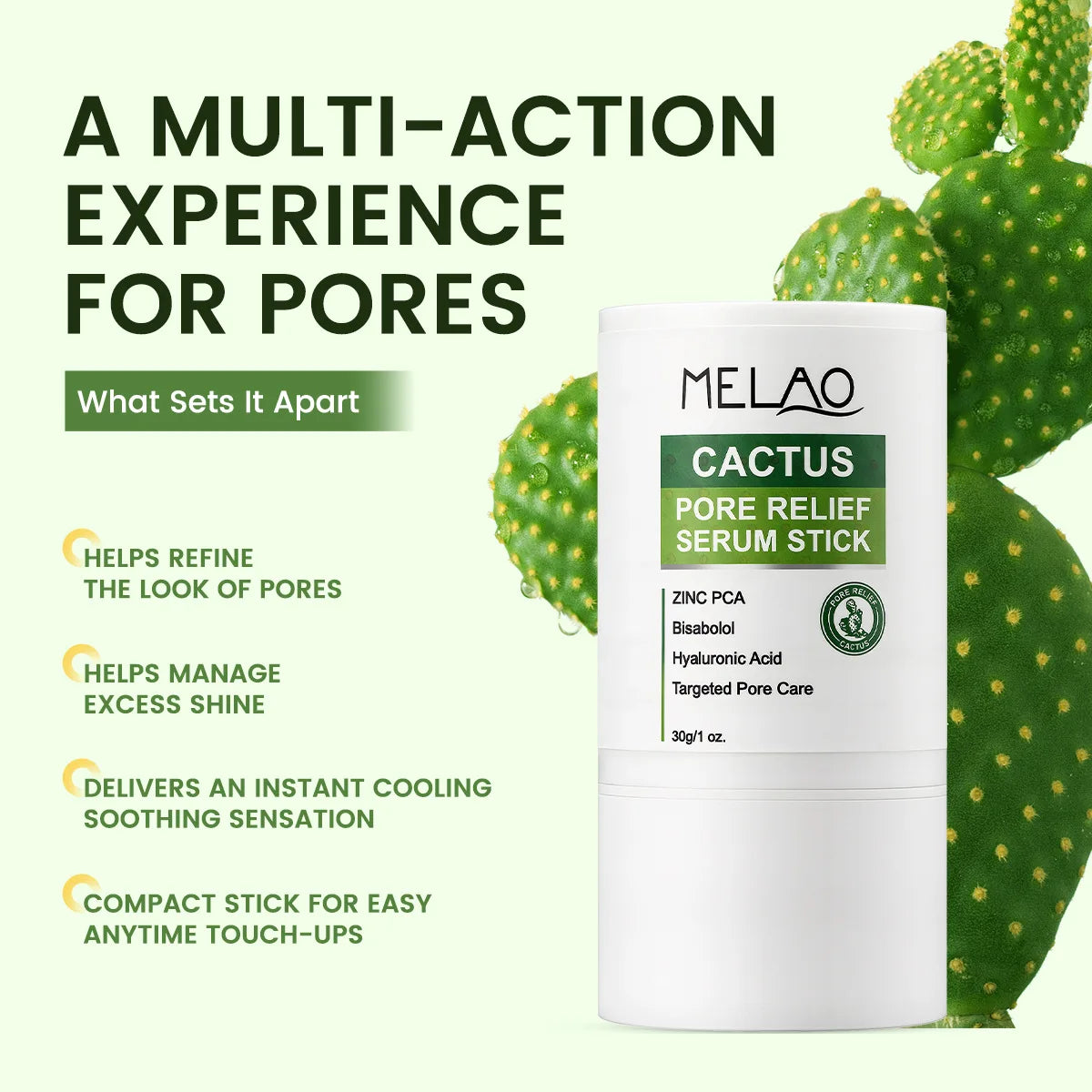 Cactus Pore Relief Multi Balm Stick Cooling & De-Puffing Face Balm for Enlarged Pores,Pore Minimizer,Smooths Texture Non-Greasy Peaceful Pleasures Health and Wellness