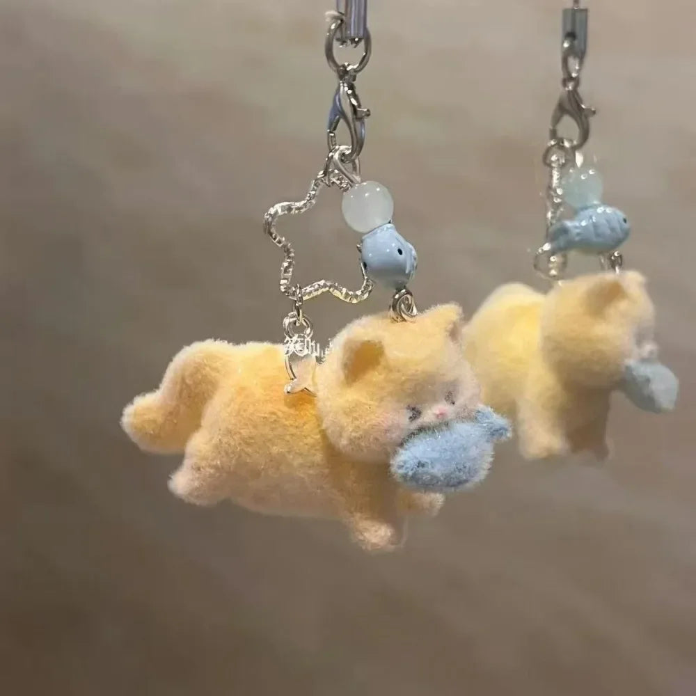 Cute Cartoon Cat Eating Fish Plush Pendant Flocking Keychain Girlish Heart Bag Charm Lovely Dolls Hanging Accessory Decoration Peaceful Pleasures Health and Wellness