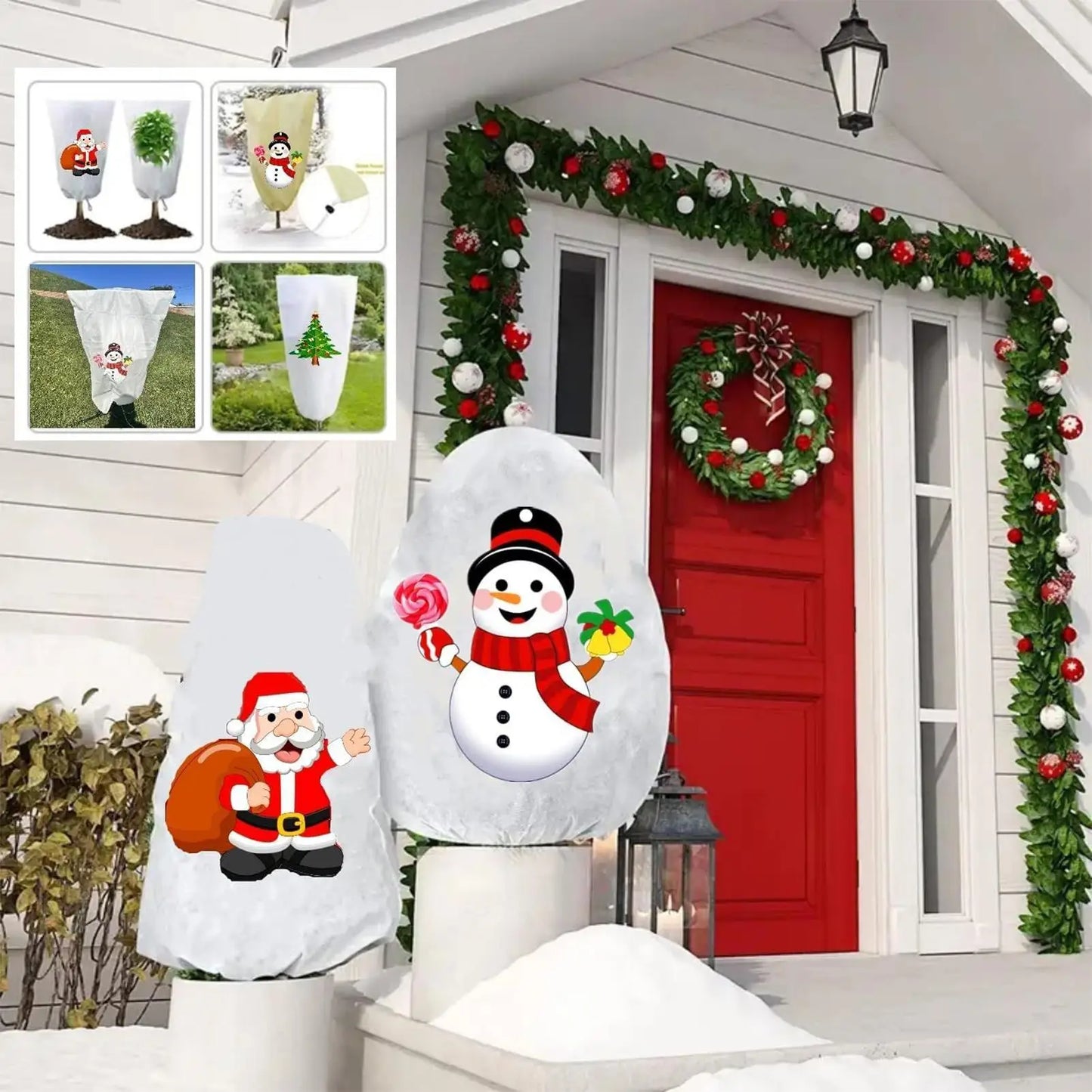 Christmas Print Plant Freeze Protection Cover | Zipper & Drawstring