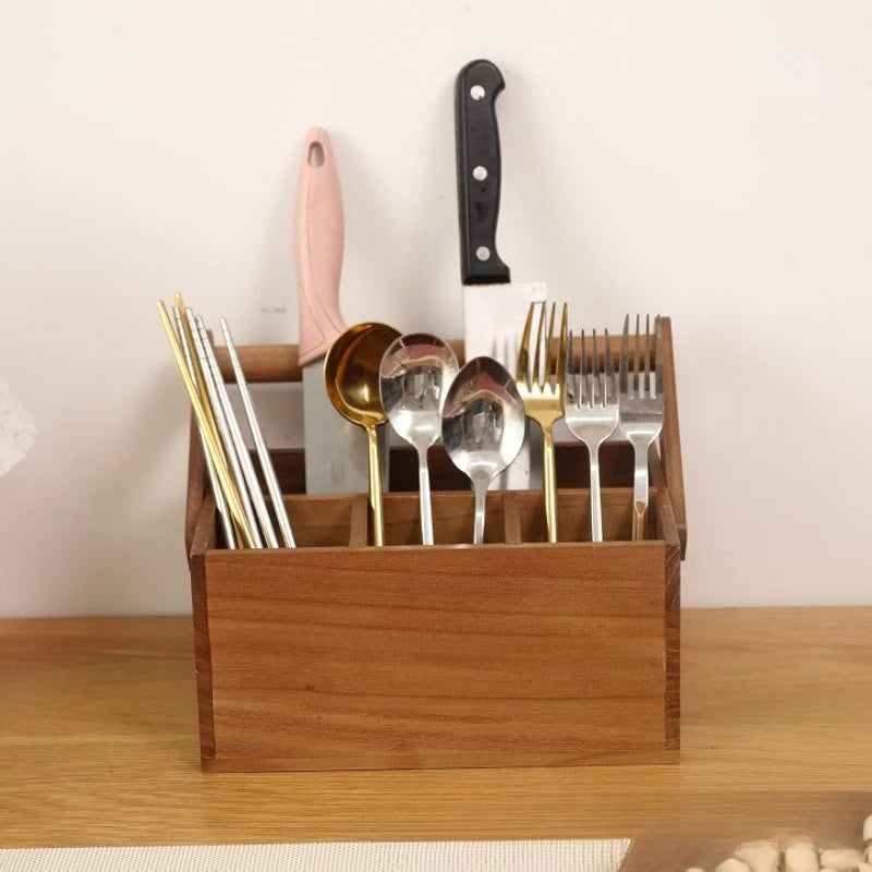 Rustic Wooden Cutlery Storage Basket with Handles for Kitchen Countertop Organizing Bowls Chopsticks Utensils Home Dining Peaceful Pleasures Health and Wellness