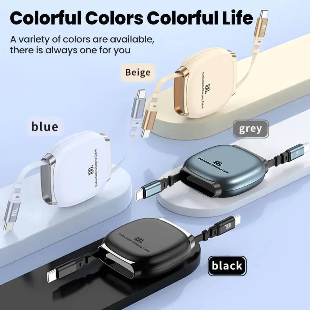 100W USB-C Retractable Fast Charging Cable with Storage Box