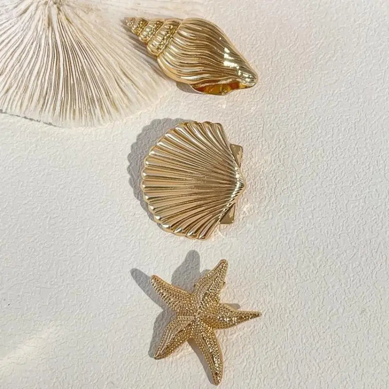 3-Pack Ocean Gold Hair Clips – Starfish, Shell & Conch