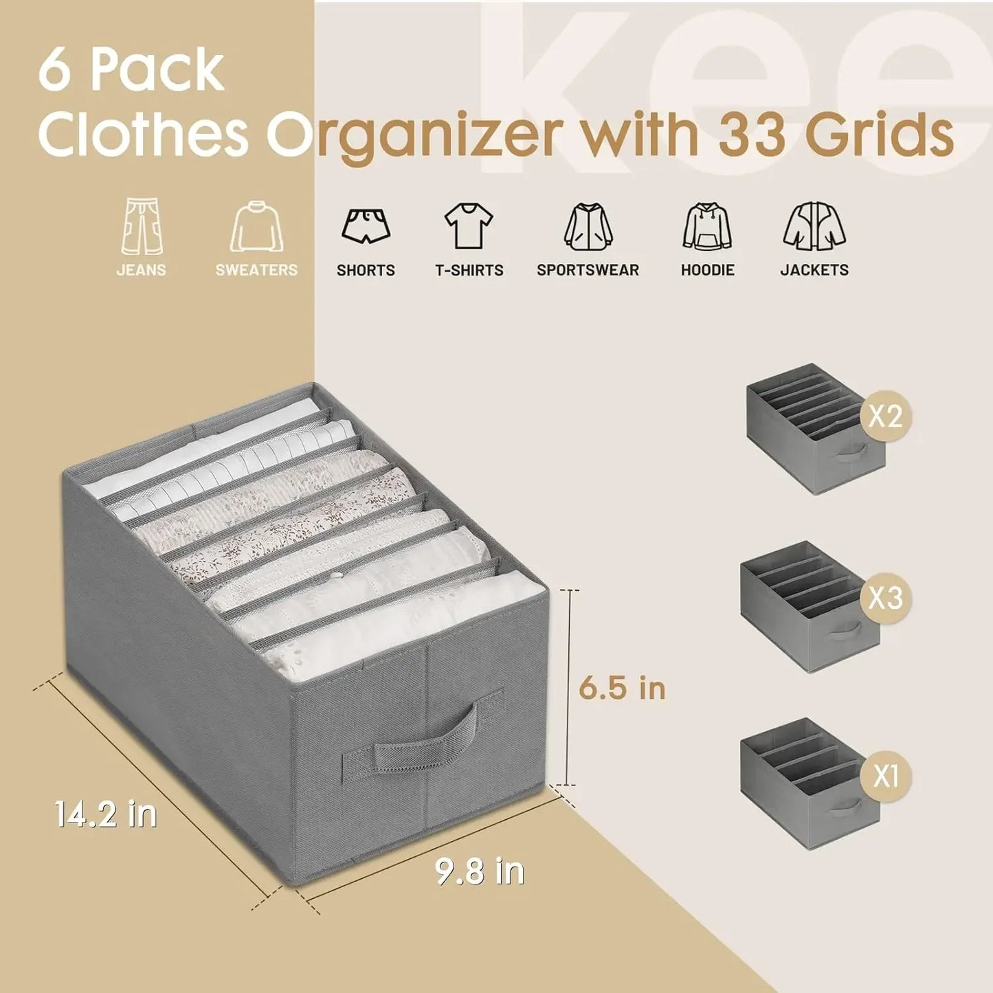 6-Pack Large Foldable Closet Organizer with 33 Grids, Handles for Clothing Storage - Grey Peaceful Pleasures Health and Wellness