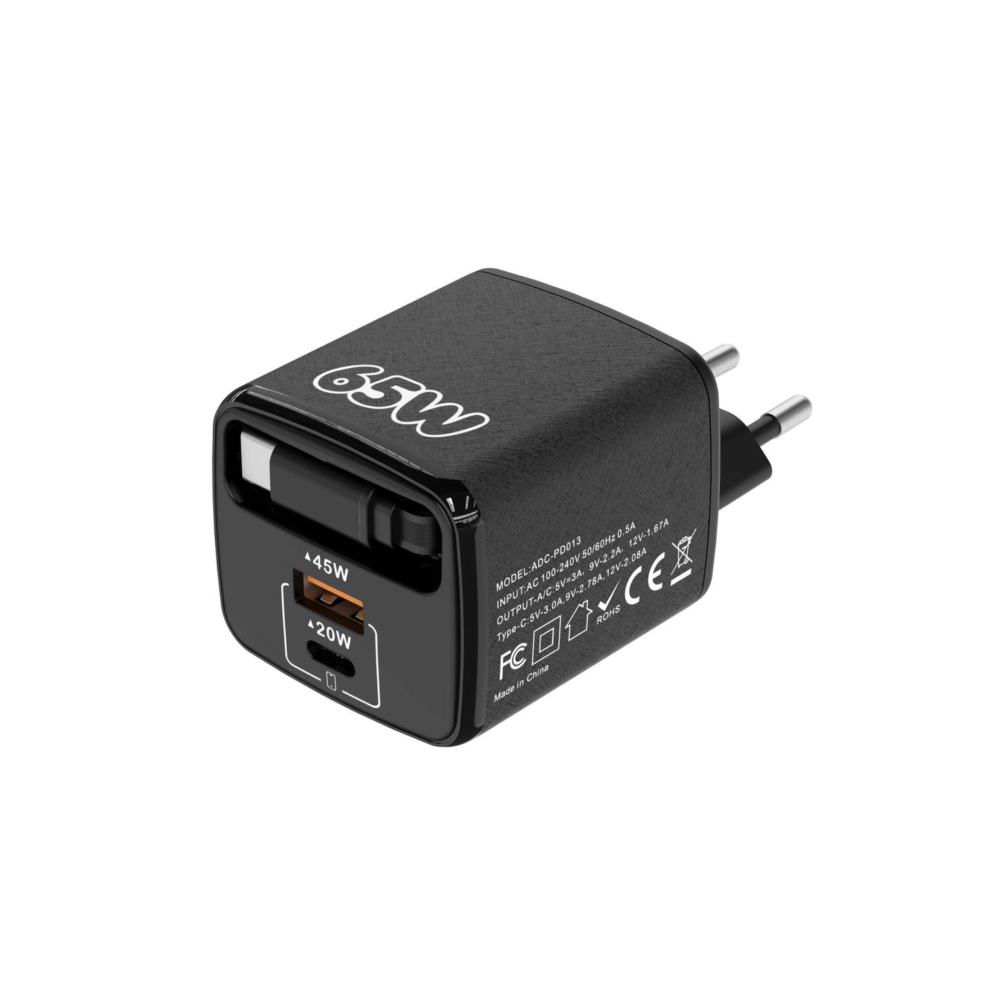 65W 3-in-1 USB-C Fast Wall Charger PD Quick Charge