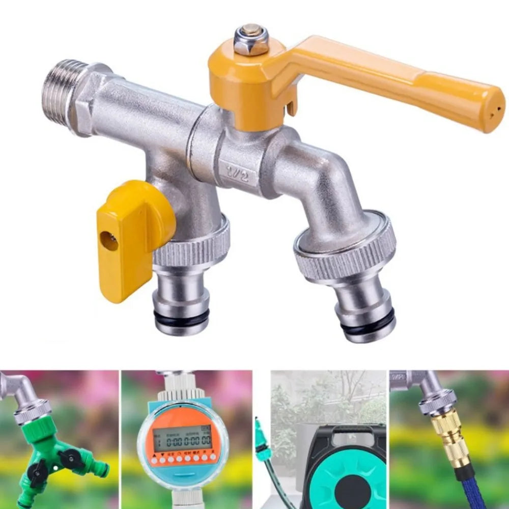 2-Way Garden Hose Faucet Adapter | Wall-Mount Brass Tap Splitter